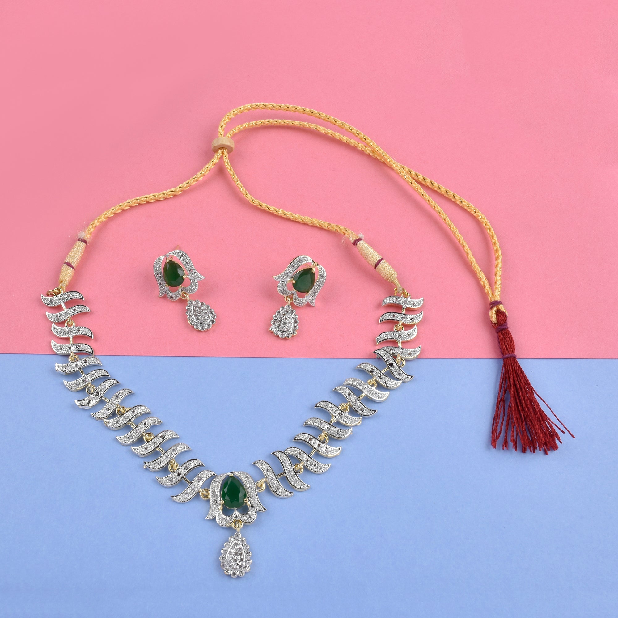 Rhodium-Plated Alloy Nagin Inspired Green Stone Ad Necklace Set - The Pari