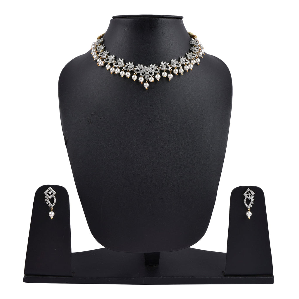 Rhodium-Plated Alloy Pearl Hanging Designer Choker Necklace - The Pari