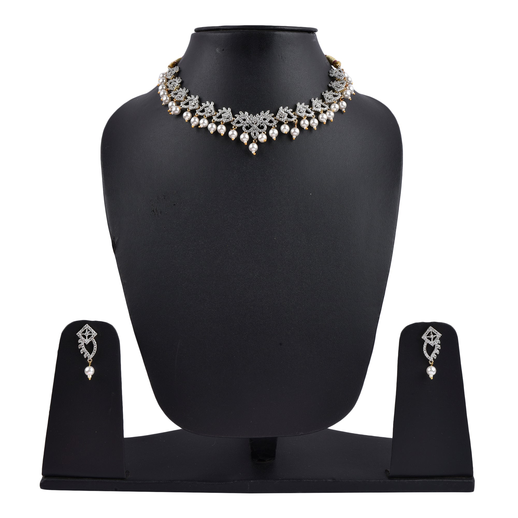 Rhodium-Plated Alloy Pearl Hanging Designer Choker Necklace - The Pari