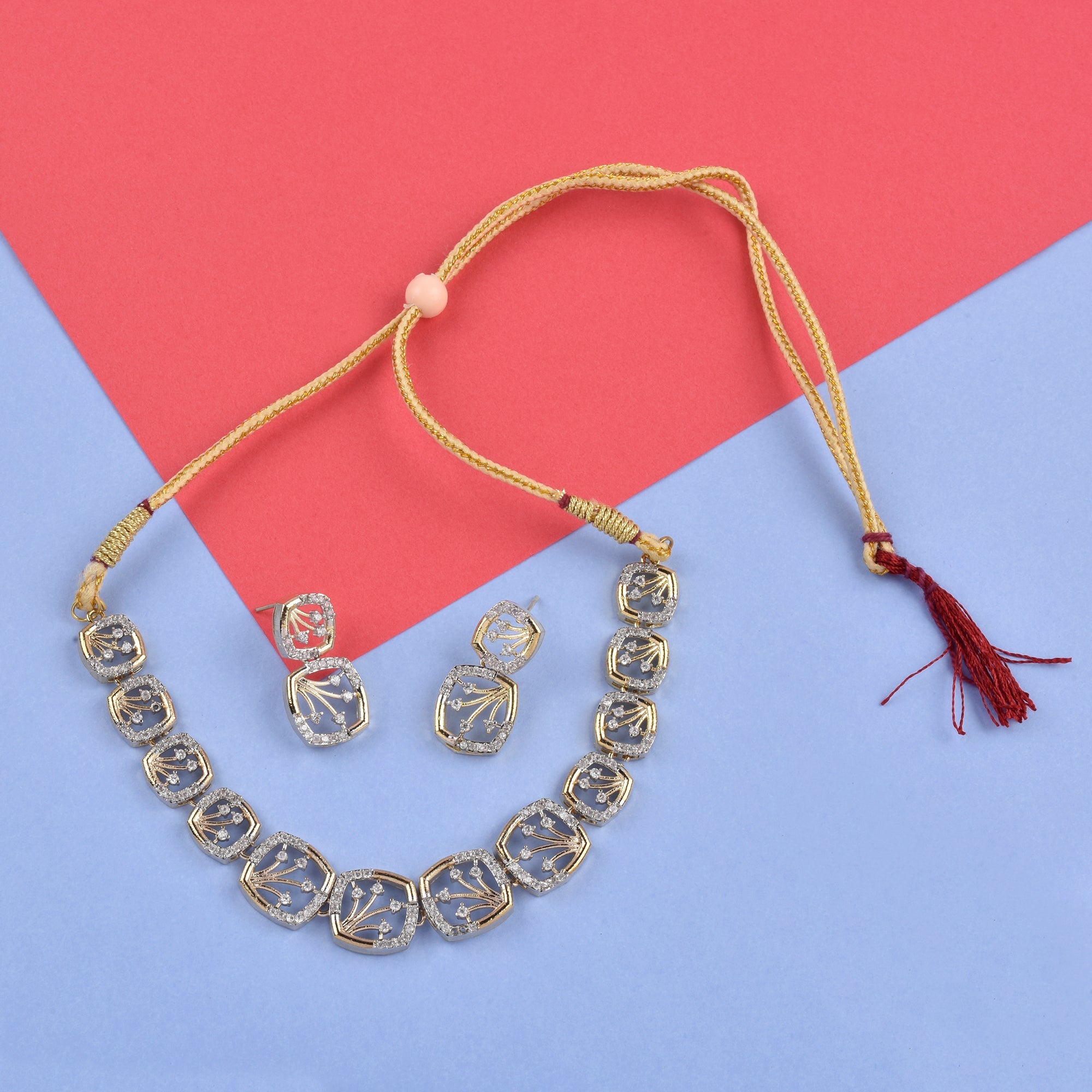 Rhodium-Plated Alloy Designer Ad Square Necklace Set - The Pari