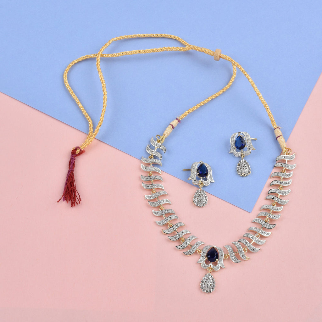Rhodium-Plated Alloy Nagin Inspired Blue Stone Ad Necklace Set - The Pari