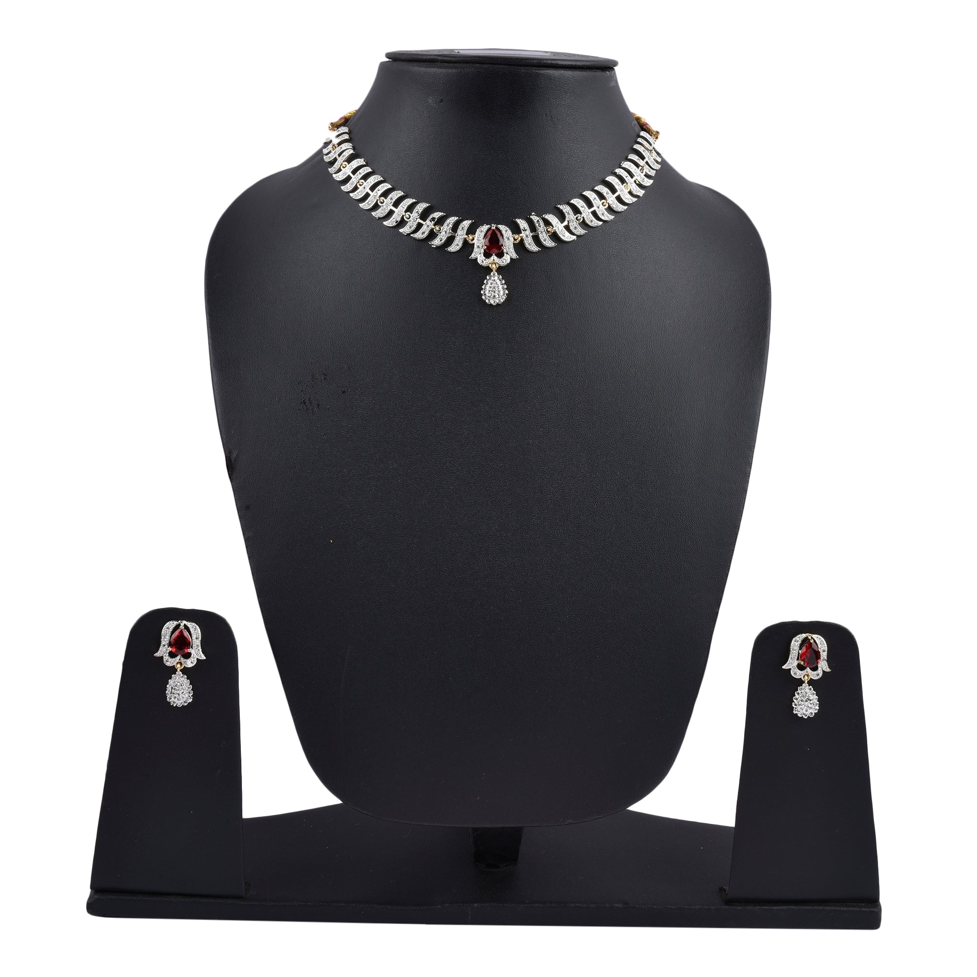 Rhodium-Plated Alloy Nagin Inspired Ruby Stone Ad Necklace Set - The Pari