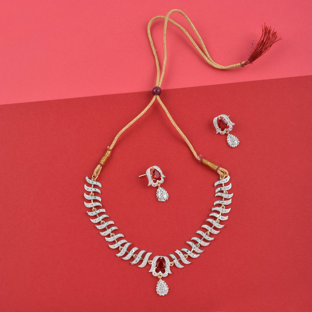 Rhodium-Plated Alloy Nagin Inspired Ruby Stone Ad Necklace Set - The Pari