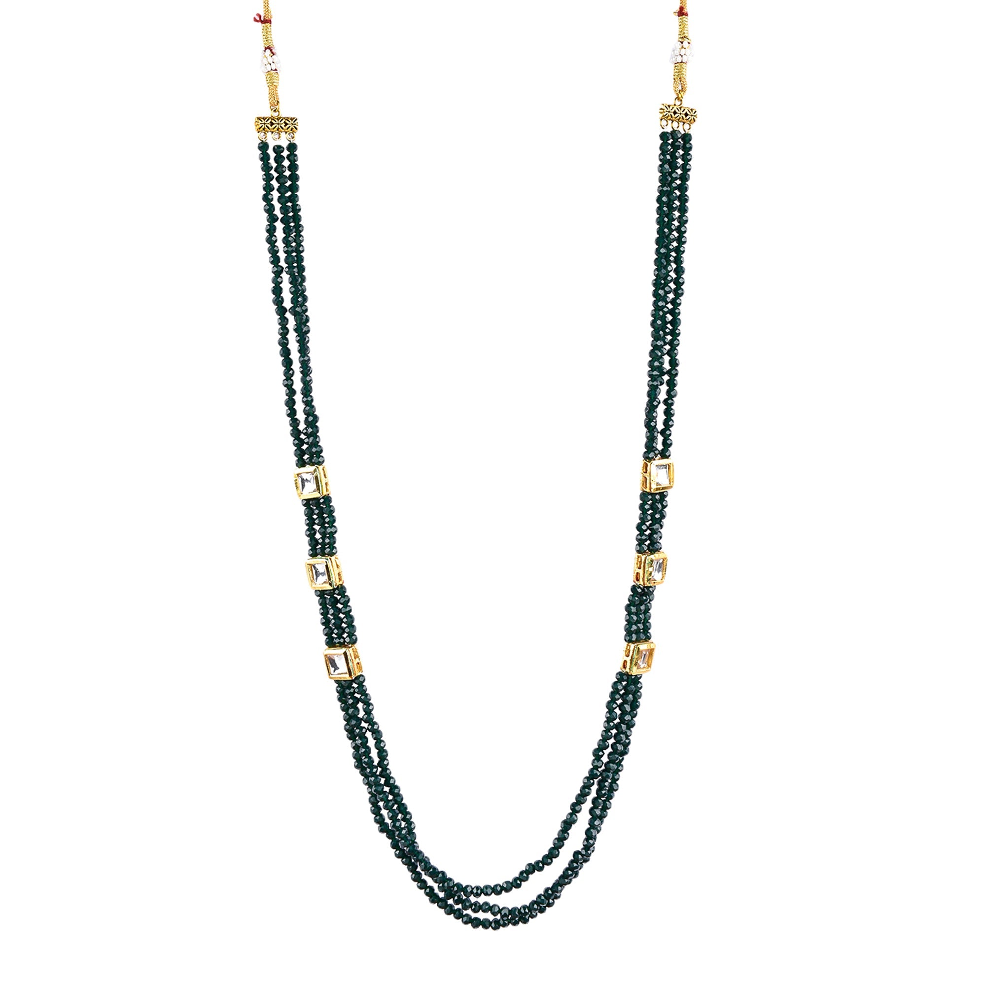 Gold-Polished Alloy Long Green Beaded Kundan Studded Classy Necklace Set - The Pari