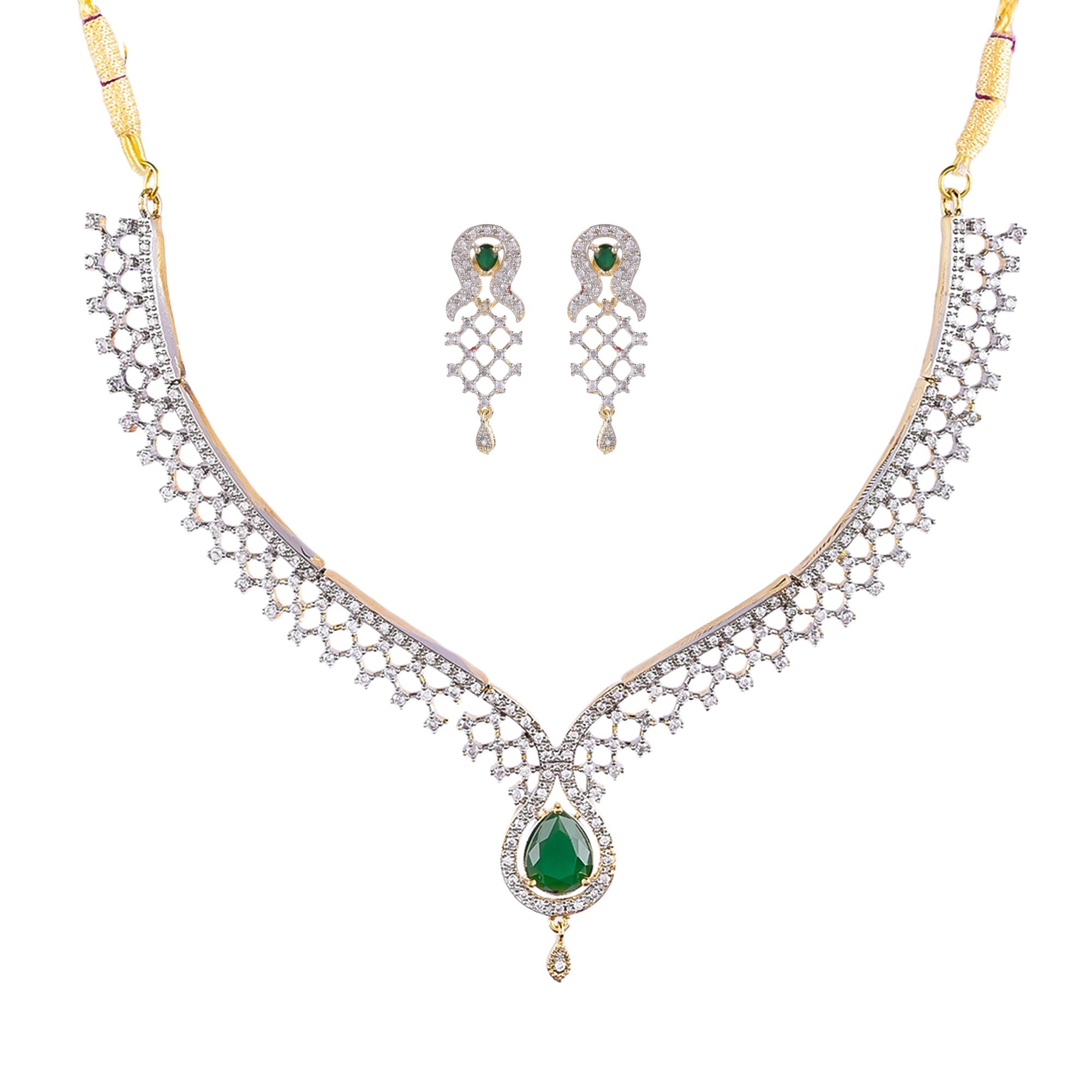 Rhodium-Plated Alloy Green Classy Ad Necklace Set - The Pari