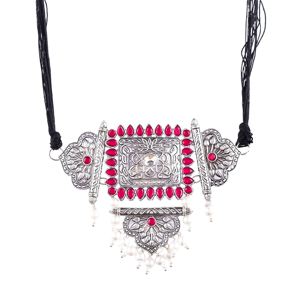 Silver-Plated Alloy Oxidised Tribal Pendant Choker Necklace - The Pari
