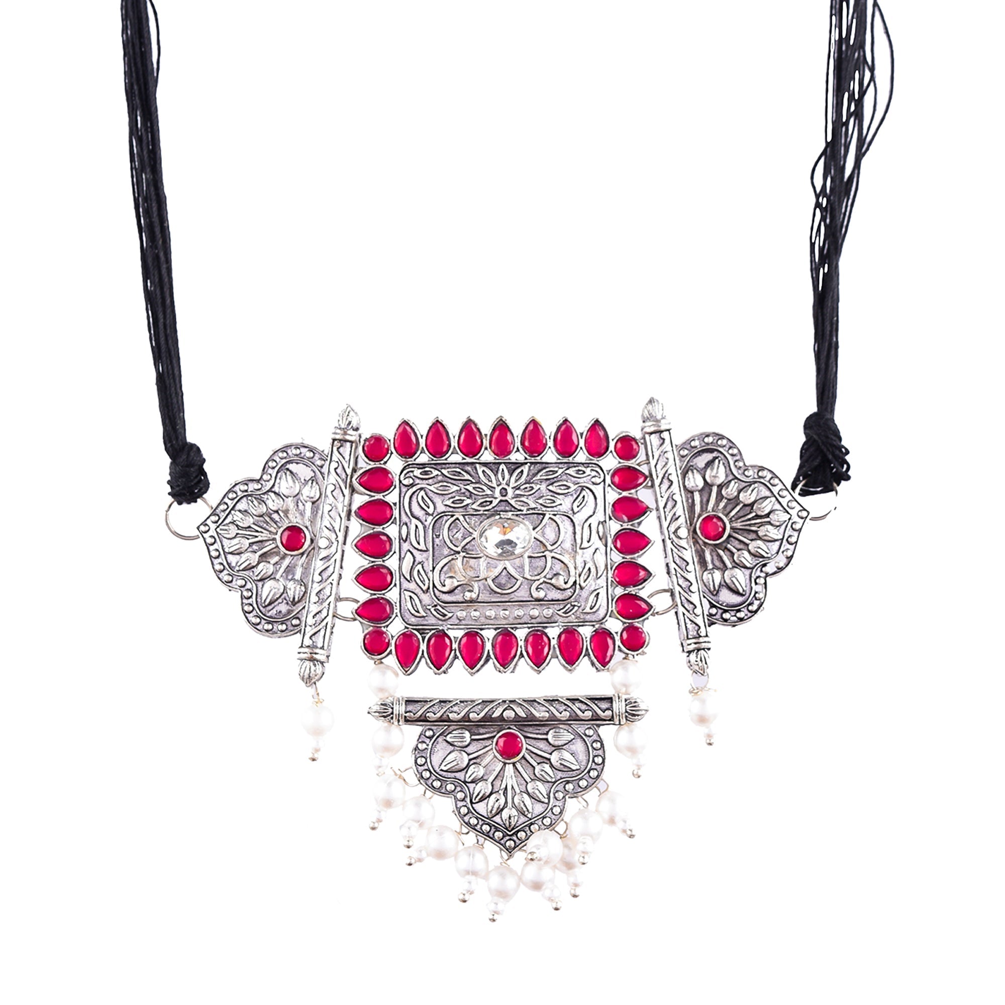 Silver-Plated Alloy Oxidised Tribal Pendant Choker Necklace - The Pari