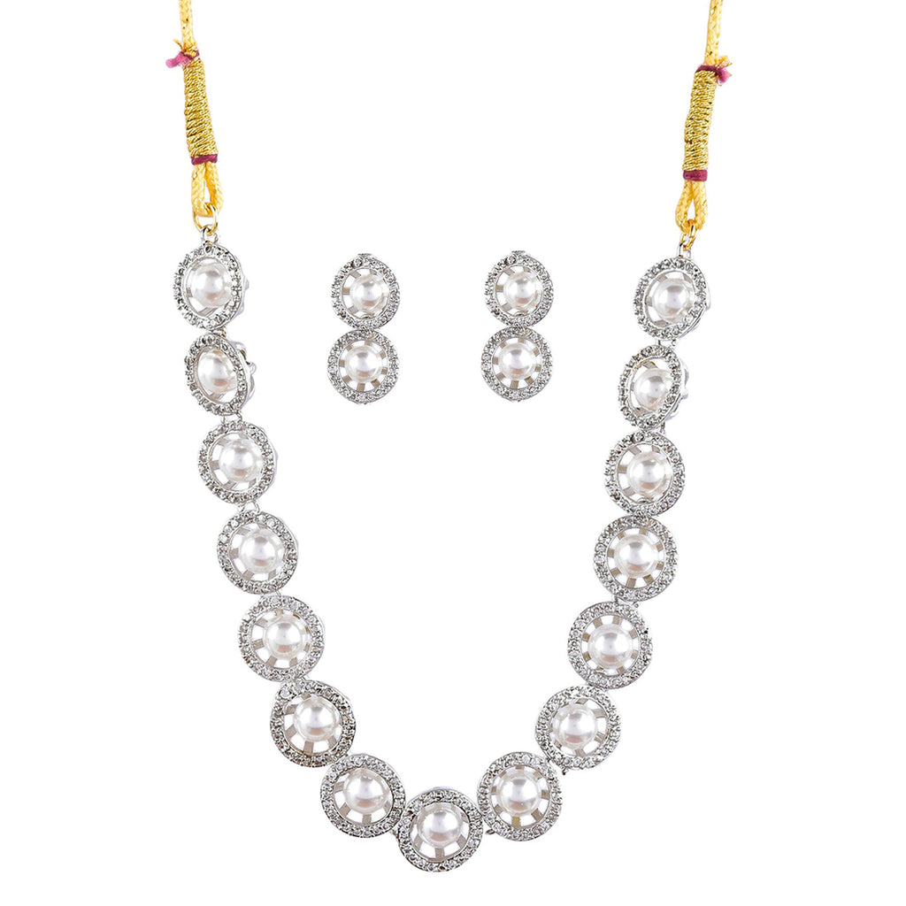 Rhodium-Plated Alloy Silver Ad Necklace With Pearls - The Pari