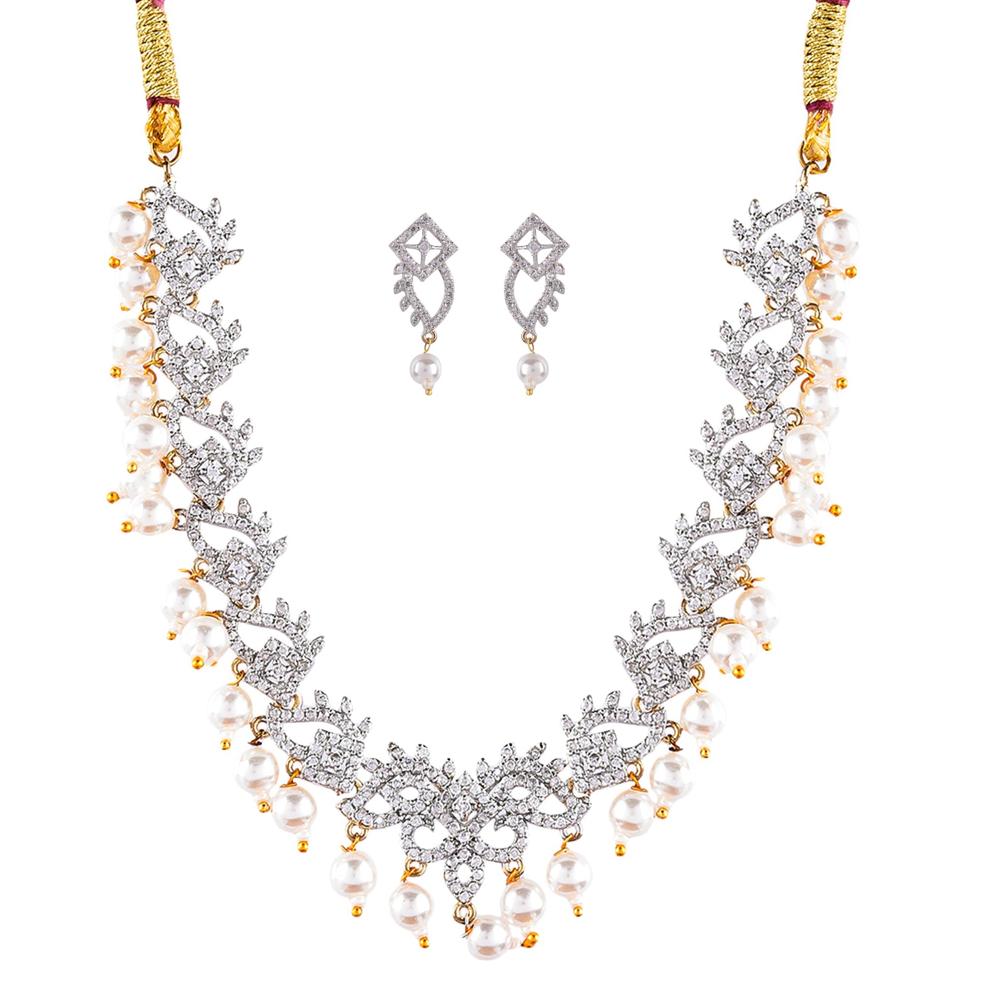 Rhodium-Plated Alloy Pearl Hanging Designer Choker Necklace - The Pari