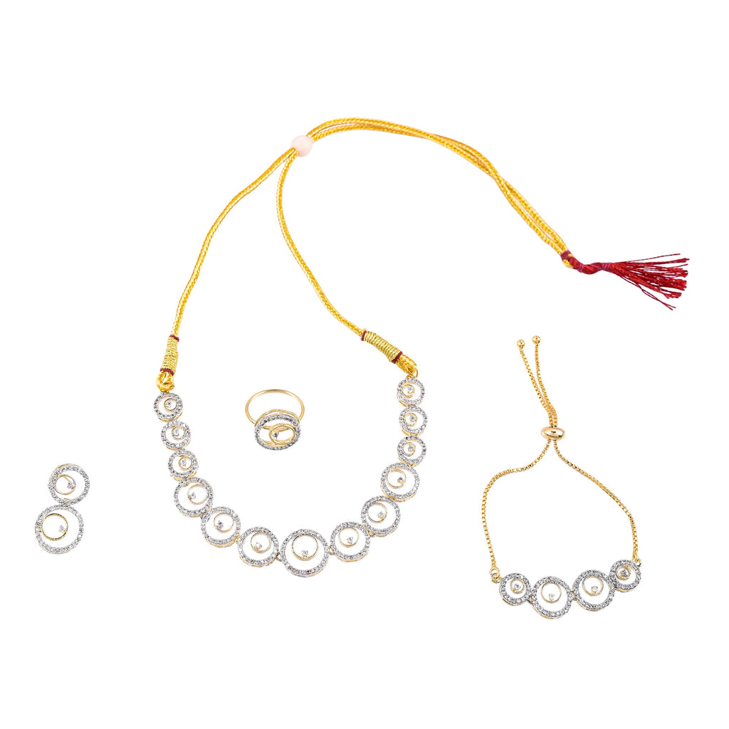 Rhodium-Plated Alloy American Diamond Circle Style Necklace With Earring Ring And Bracelet Set - The Pari - Distacart