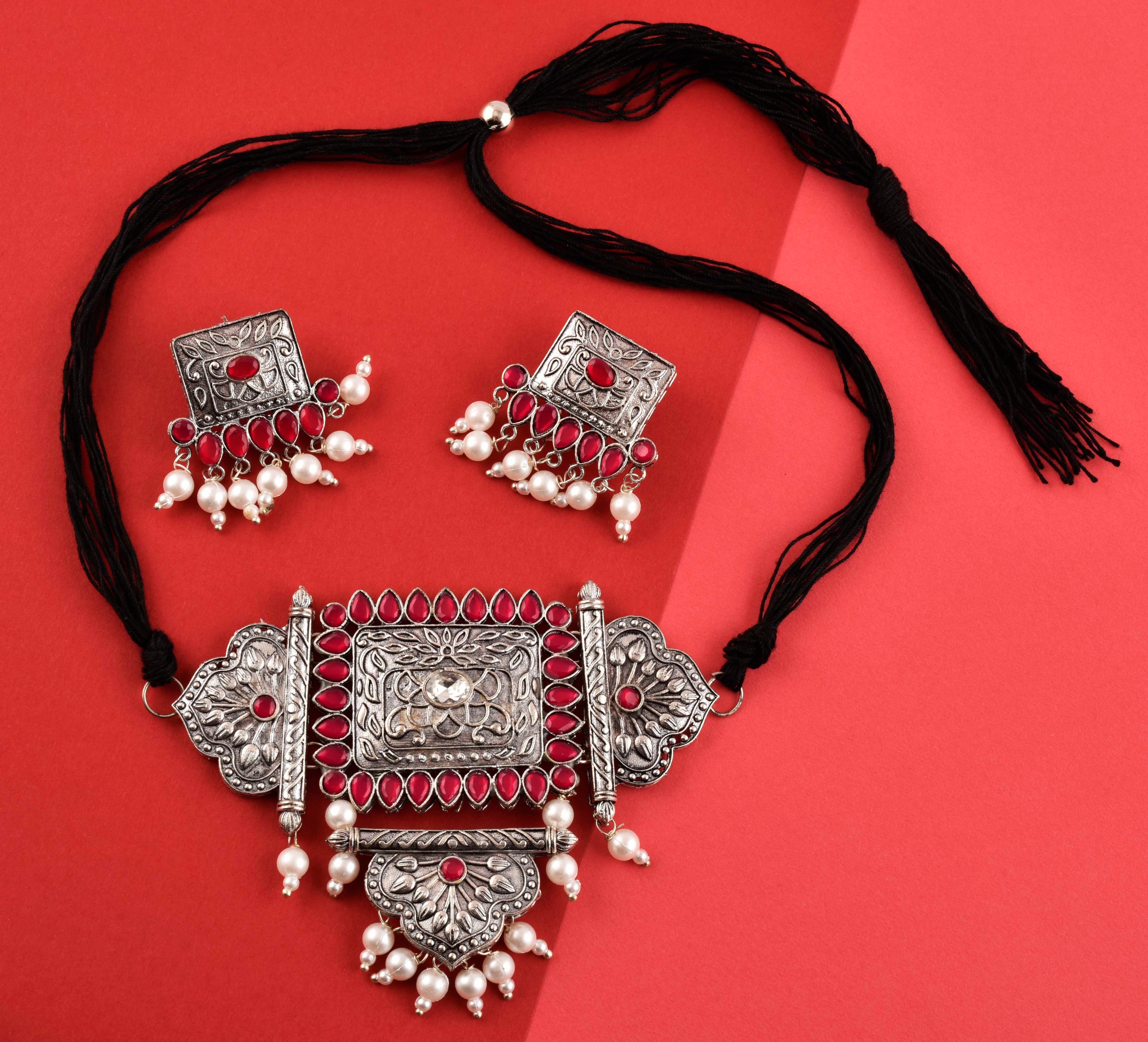 Silver-Plated Alloy Oxidised Tribal Pendant Choker Necklace - The Pari