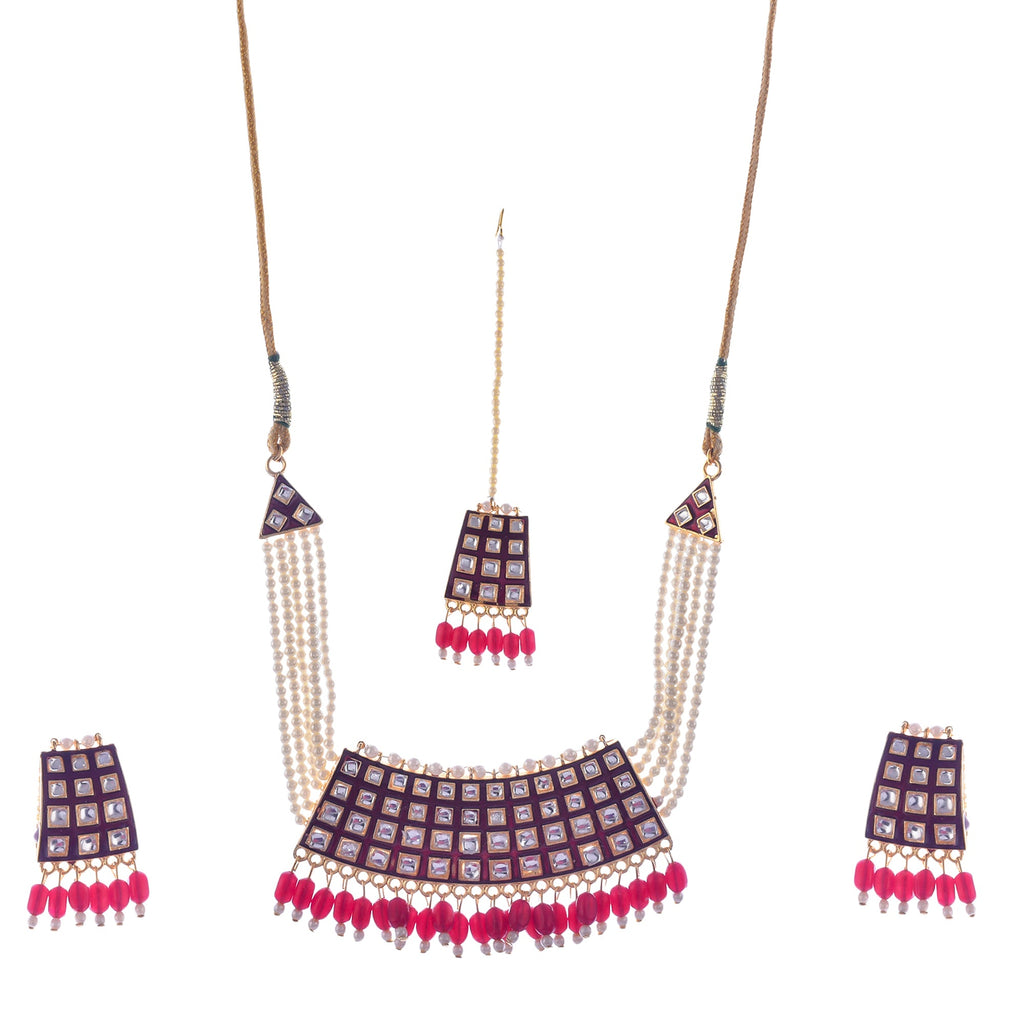 Gold-Polished Alloy Pearl Studded Kundan Choker Necklace Set With Maangtika - The Pari