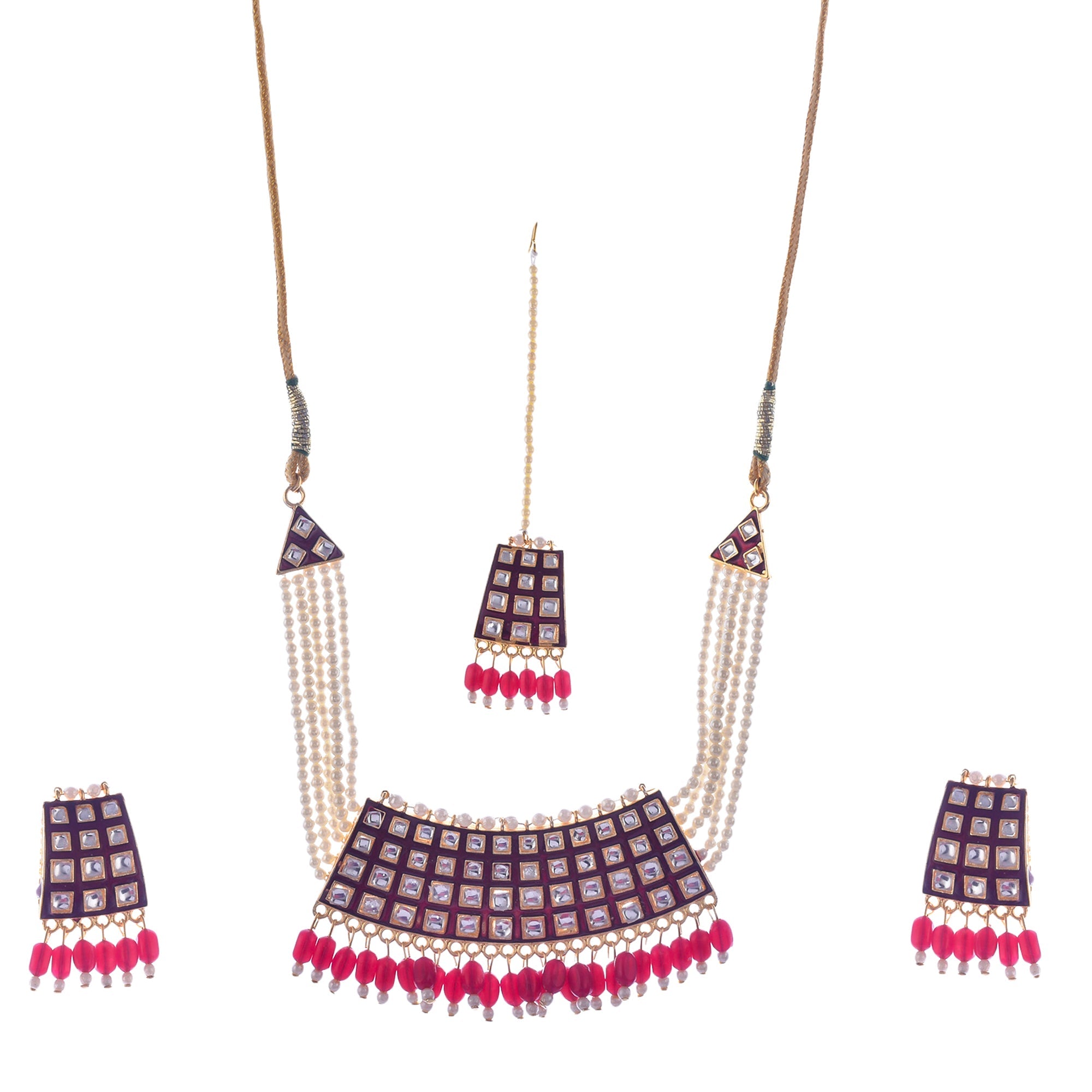 Gold-Polished Alloy Pearl Studded Kundan Choker Necklace Set With Maangtika - The Pari