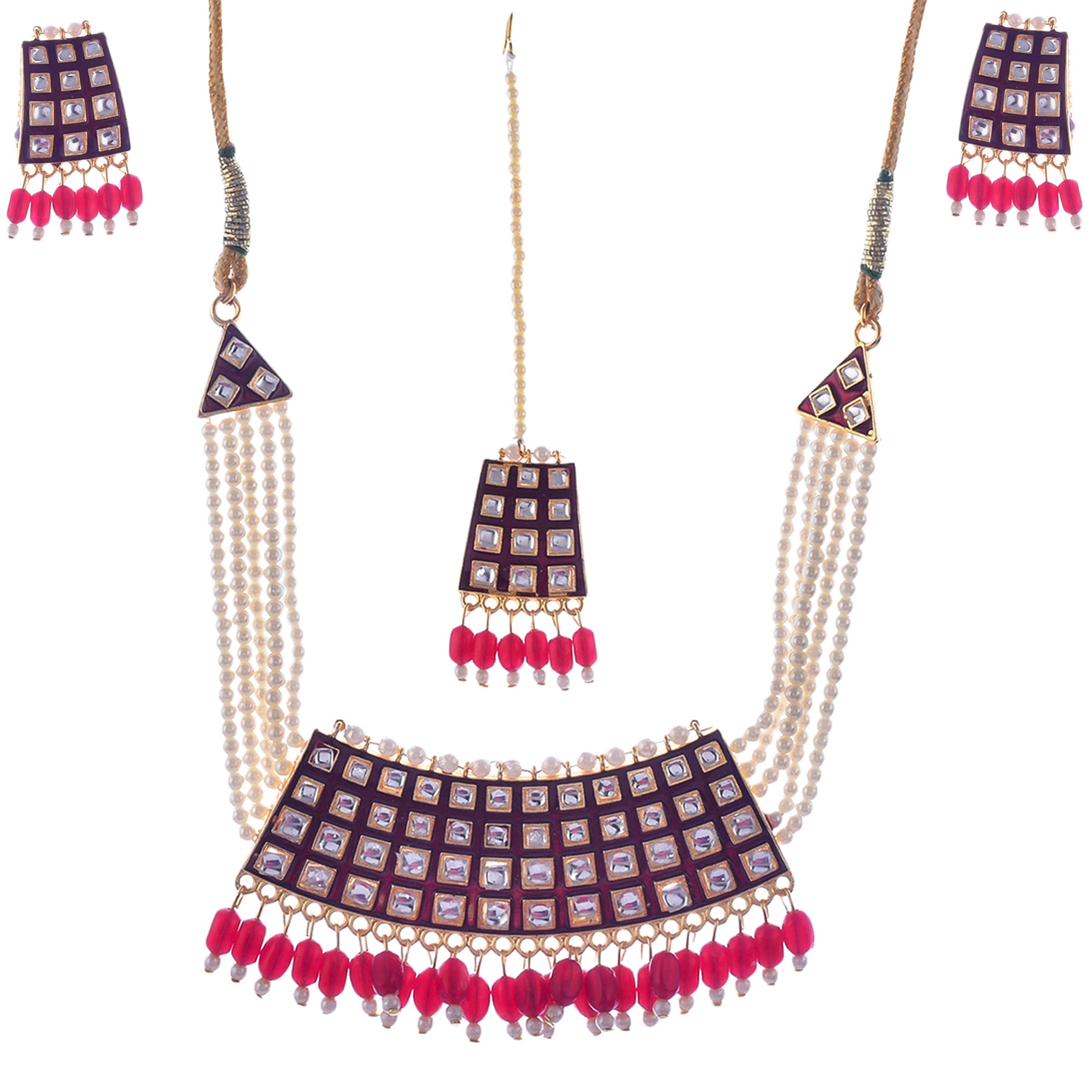 Gold-Polished Alloy Pearl Studded Kundan Choker Necklace Set With Maangtika - The Pari