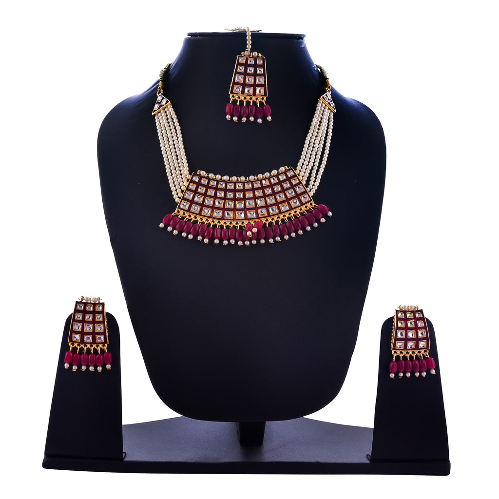 Gold-Polished Alloy Pearl Studded Kundan Choker Necklace Set With Maangtika - The Pari