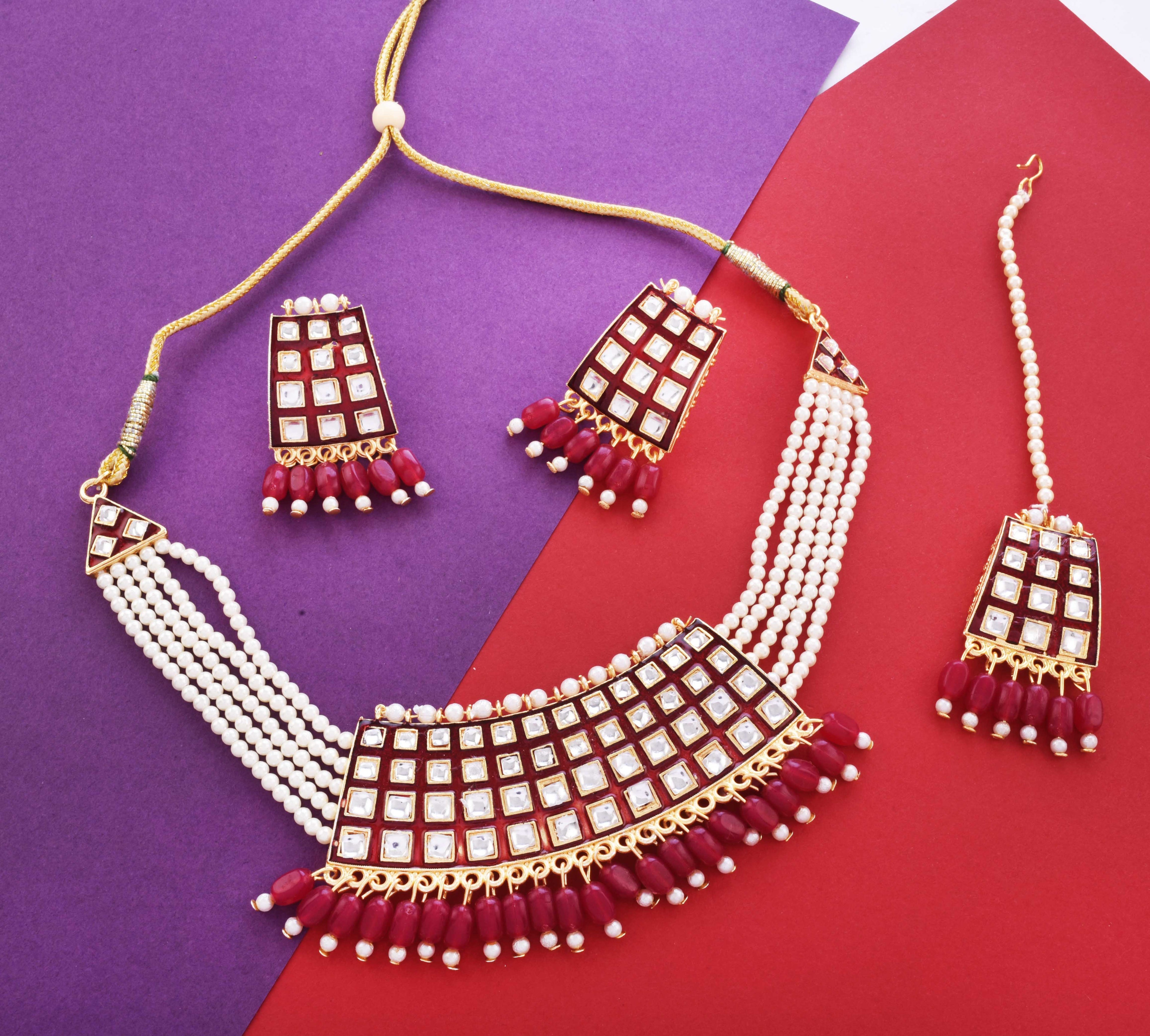 Gold-Polished Alloy Pearl Studded Kundan Choker Necklace Set With Maangtika - The Pari