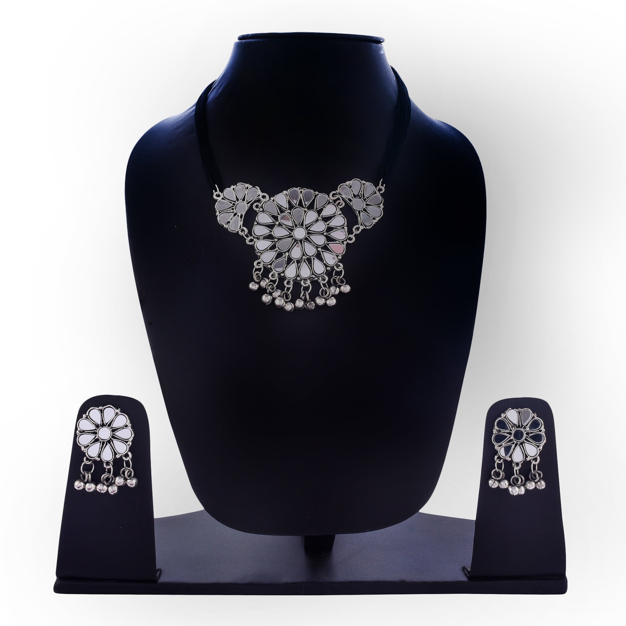 Silver-Plated Alloy Glass Studded Tribal Oxidised Choker Necklace - The Pari