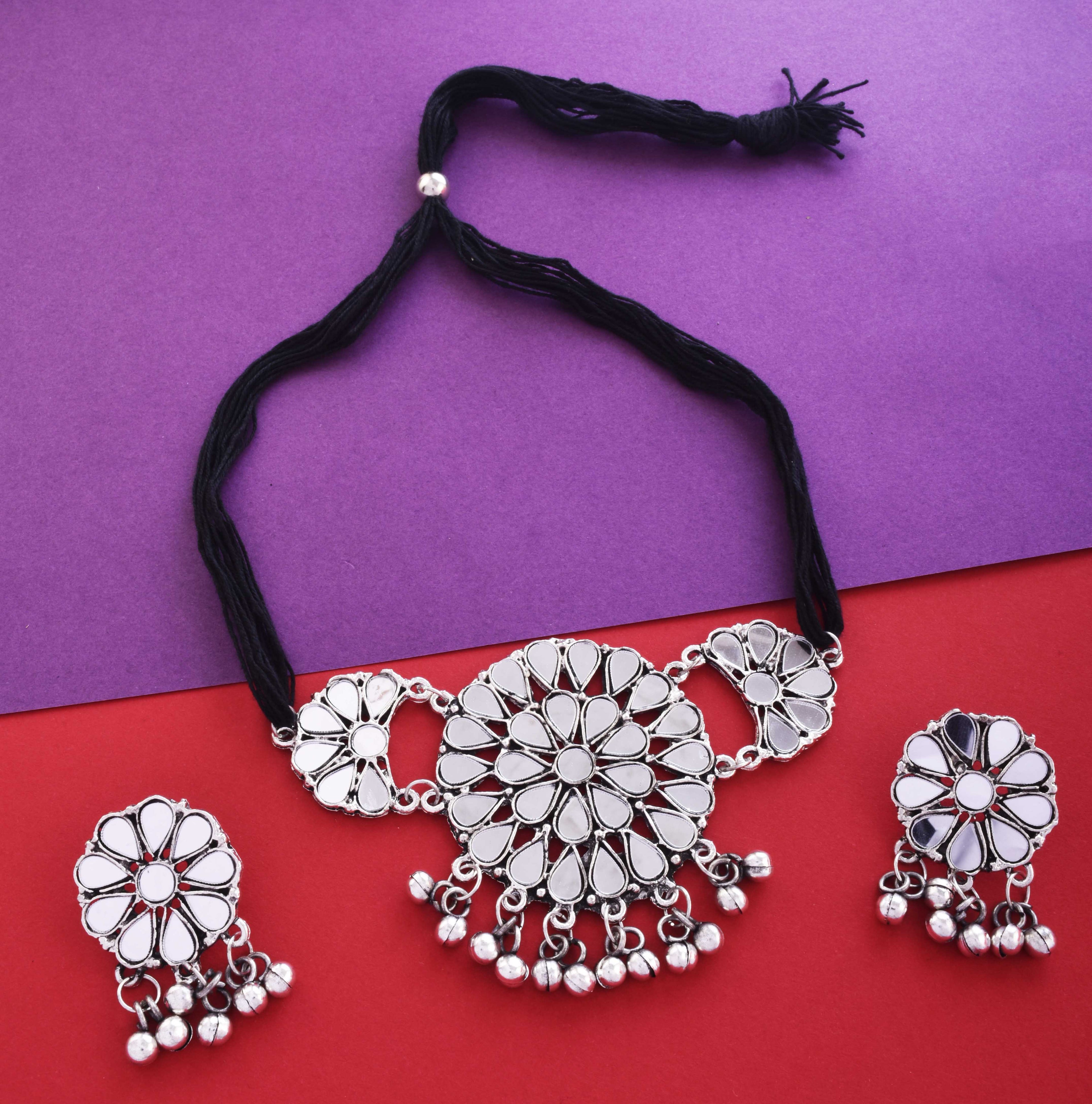 Silver-Plated Alloy Glass Studded Tribal Oxidised Choker Necklace - The Pari