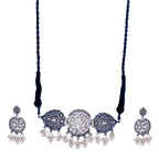 Silver-Plated Alloy Rhinestones Studded Tribal Oxidised Choker Necklace - The Pari