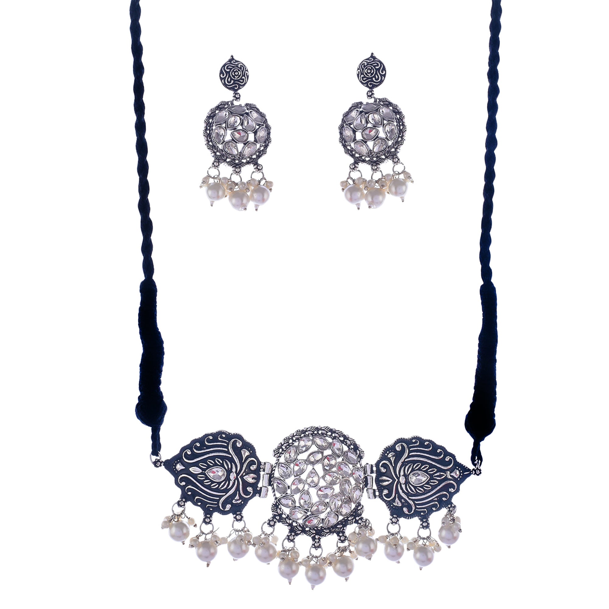 Silver-Plated Alloy Rhinestones Studded Tribal Oxidised Choker Necklace - The Pari