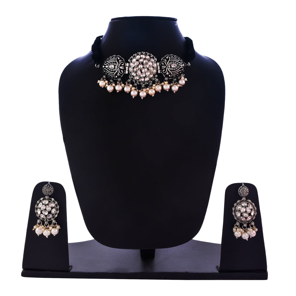 Silver-Plated Alloy Rhinestones Studded Tribal Oxidised Choker Necklace - The Pari