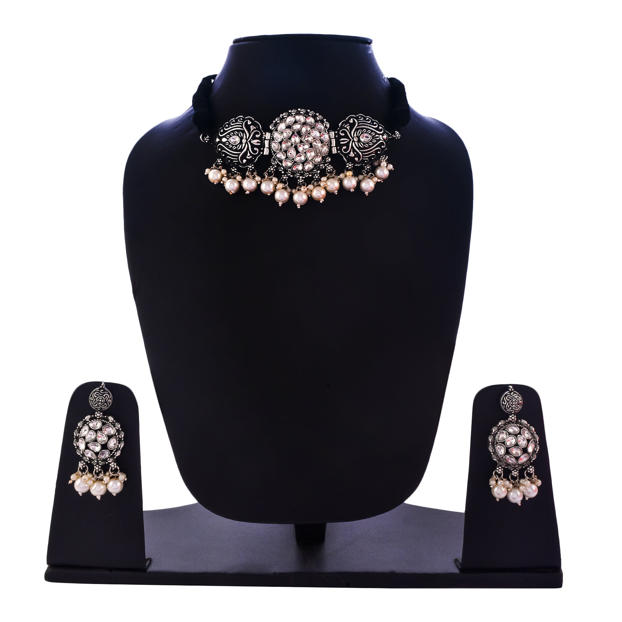 Silver-Plated Alloy Rhinestones Studded Tribal Oxidised Choker Necklace - The Pari