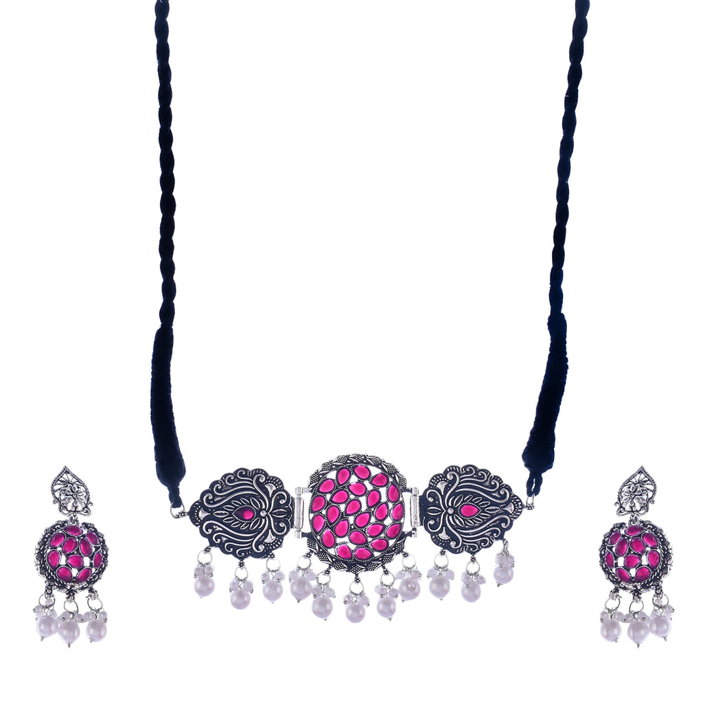 Silver-Plated Alloy Designer Oxidised Choker Necklace - The Pari