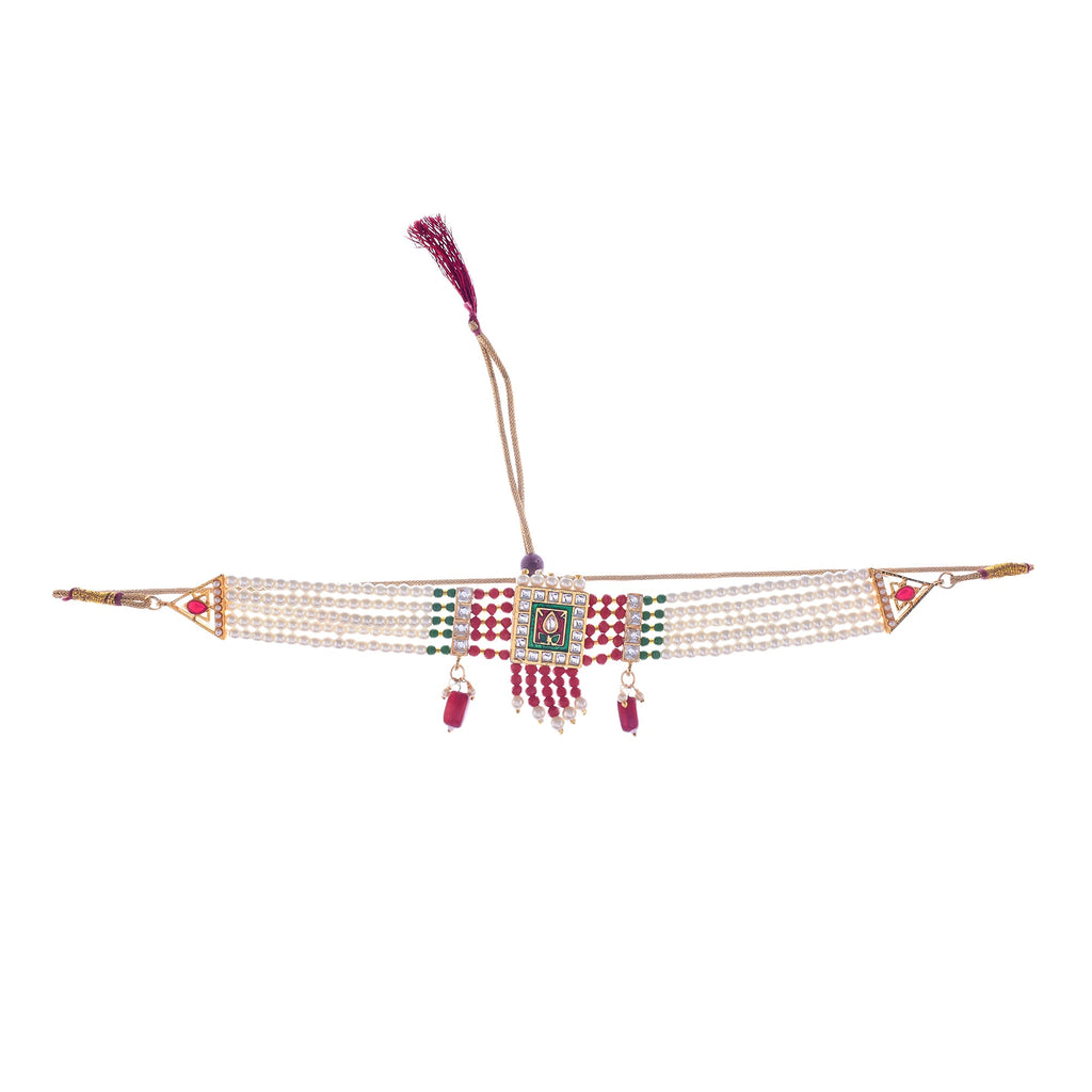 Gold-Polished Alloy Pearl And Glass Bread Choker Necklace - The Pari