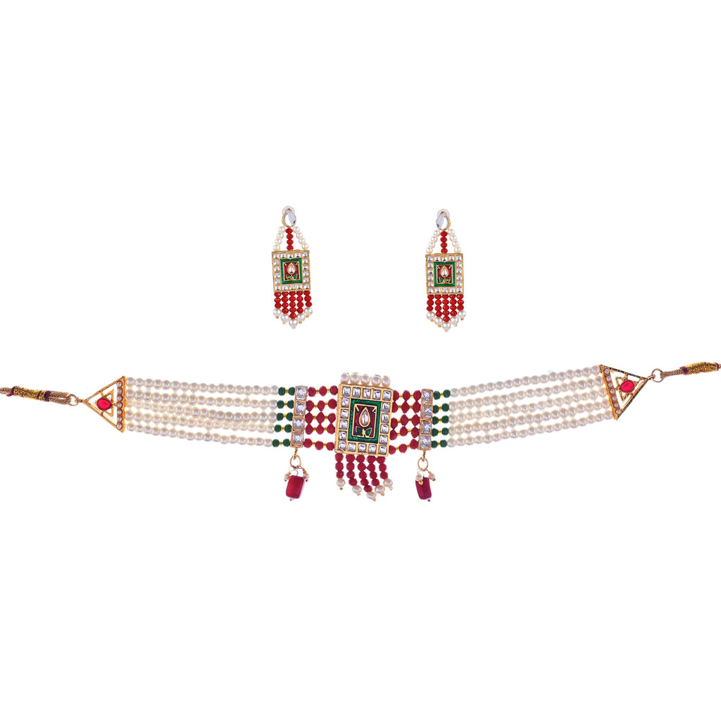 Gold-Polished Alloy Pearl And Glass Bread Choker Necklace - The Pari