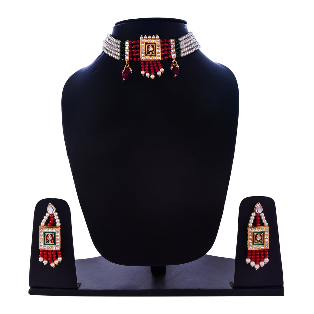 Gold-Polished Alloy Pearl And Glass Bread Choker Necklace - The Pari