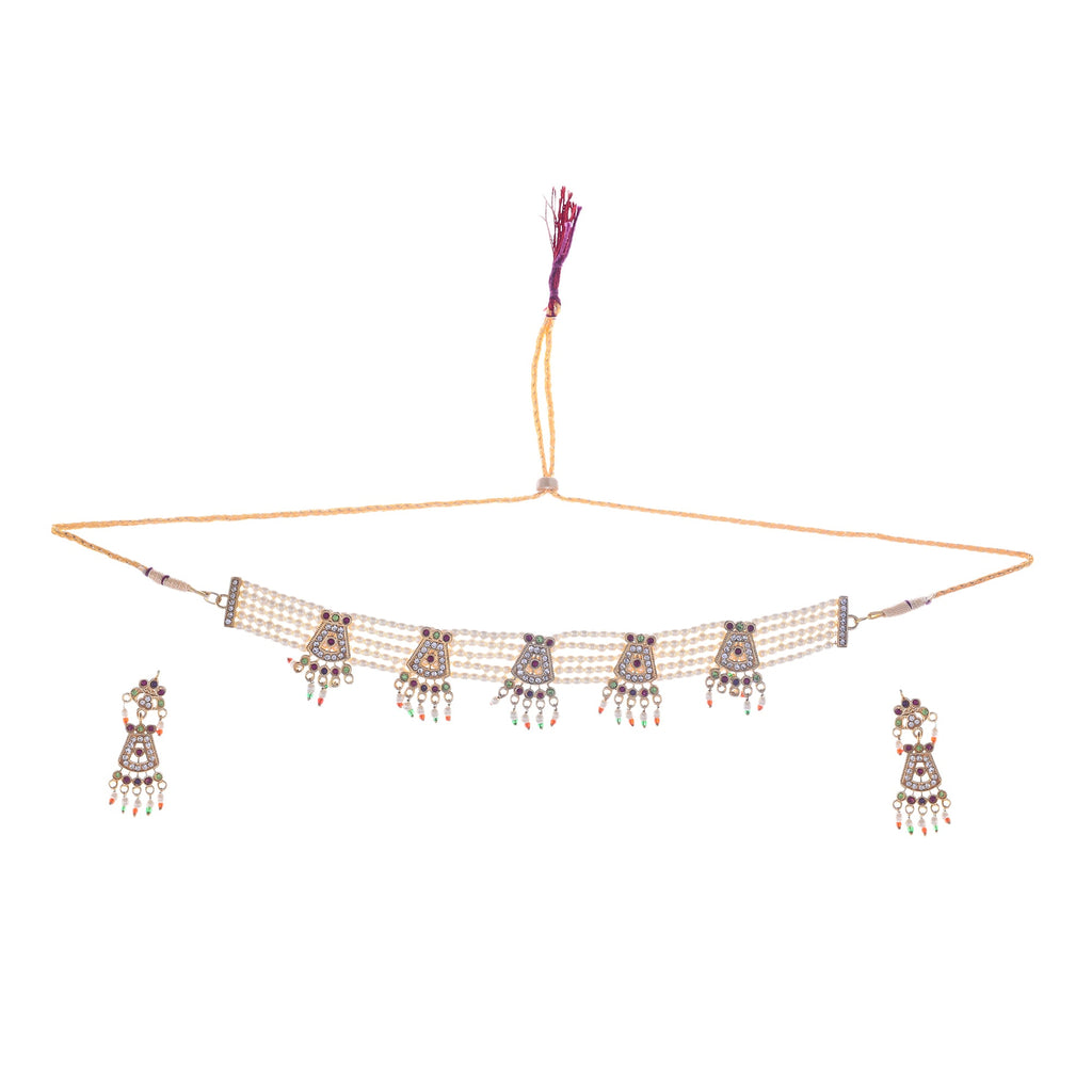 Gold-Polished Alloy Five Motif Pearl Choker Necklace - The Pari