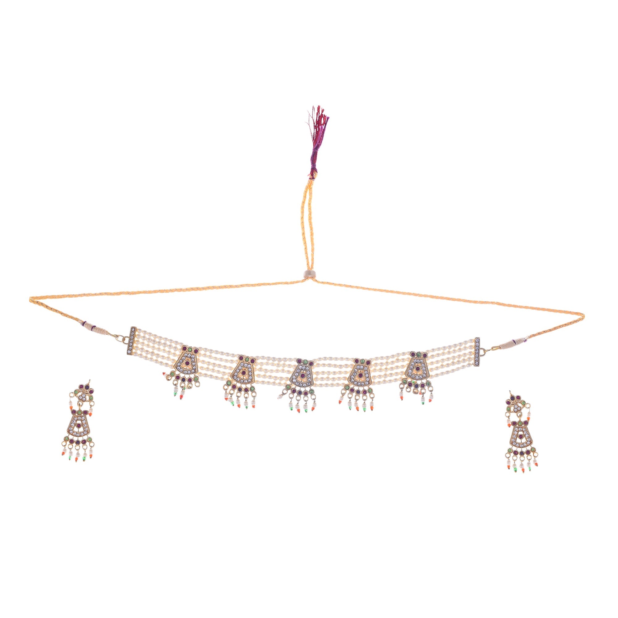 Gold-Polished Alloy Five Motif Pearl Choker Necklace - The Pari
