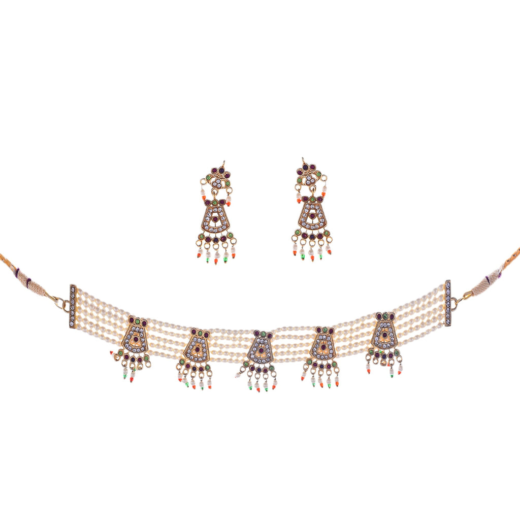Gold-Polished Alloy Five Motif Pearl Choker Necklace - The Pari