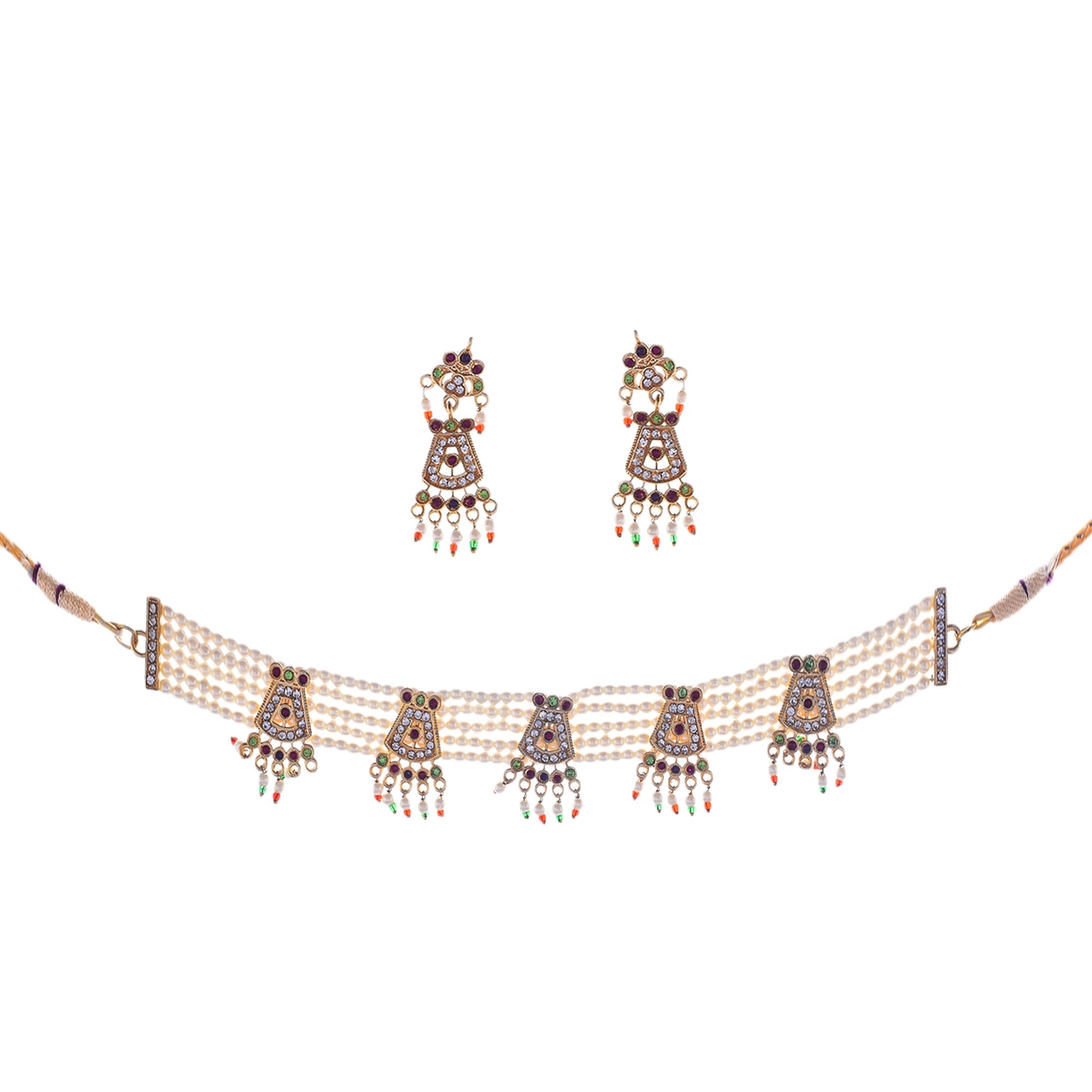 Gold-Polished Alloy Five Motif Pearl Choker Necklace - The Pari