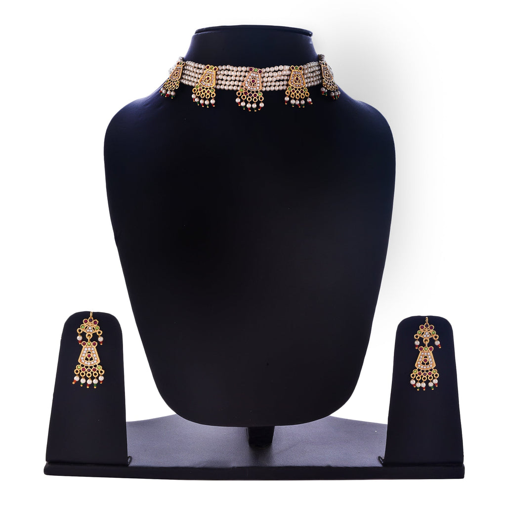 Gold-Polished Alloy Five Motif Pearl Choker Necklace - The Pari