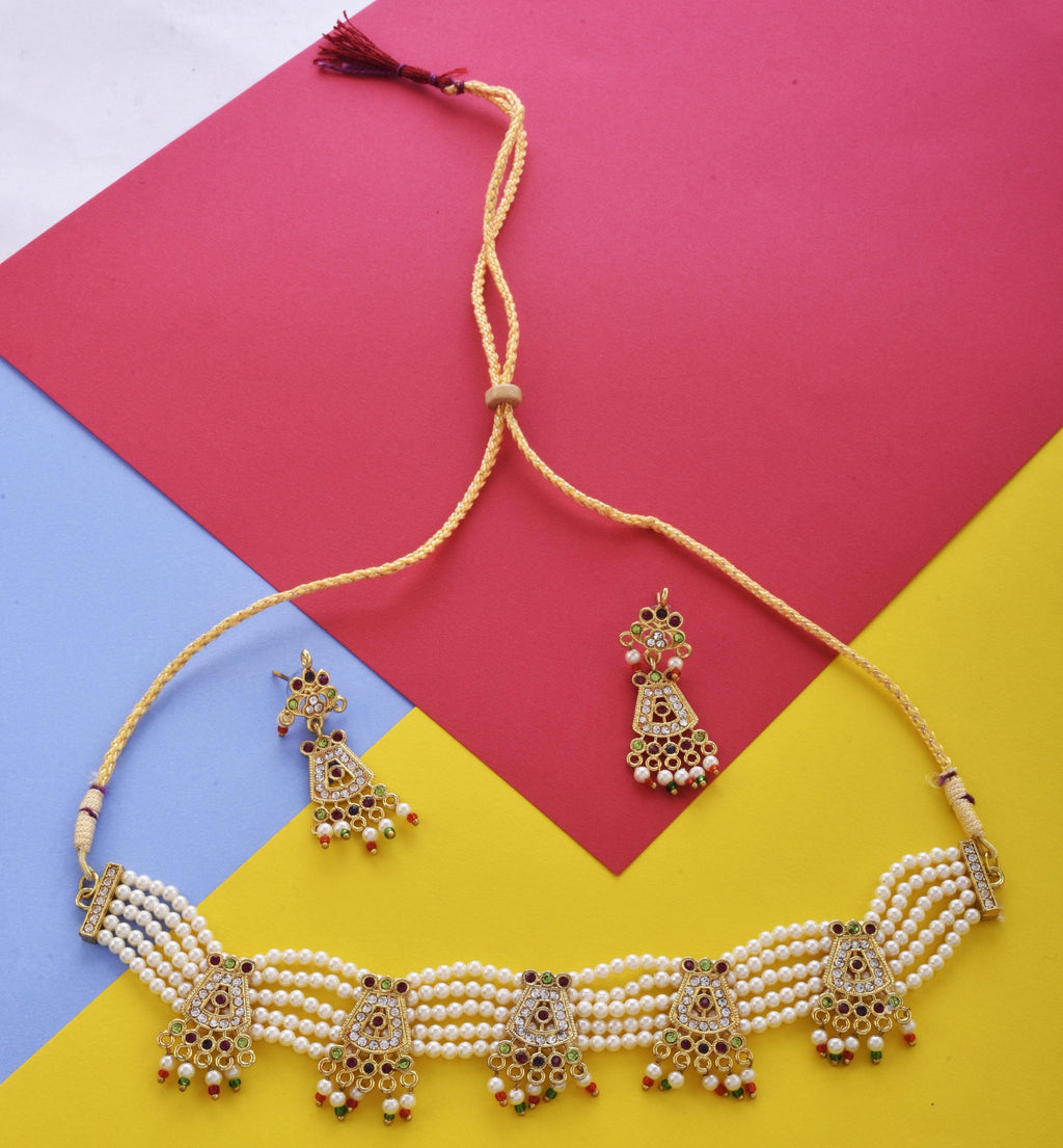 Gold-Polished Alloy Five Motif Pearl Choker Necklace - The Pari
