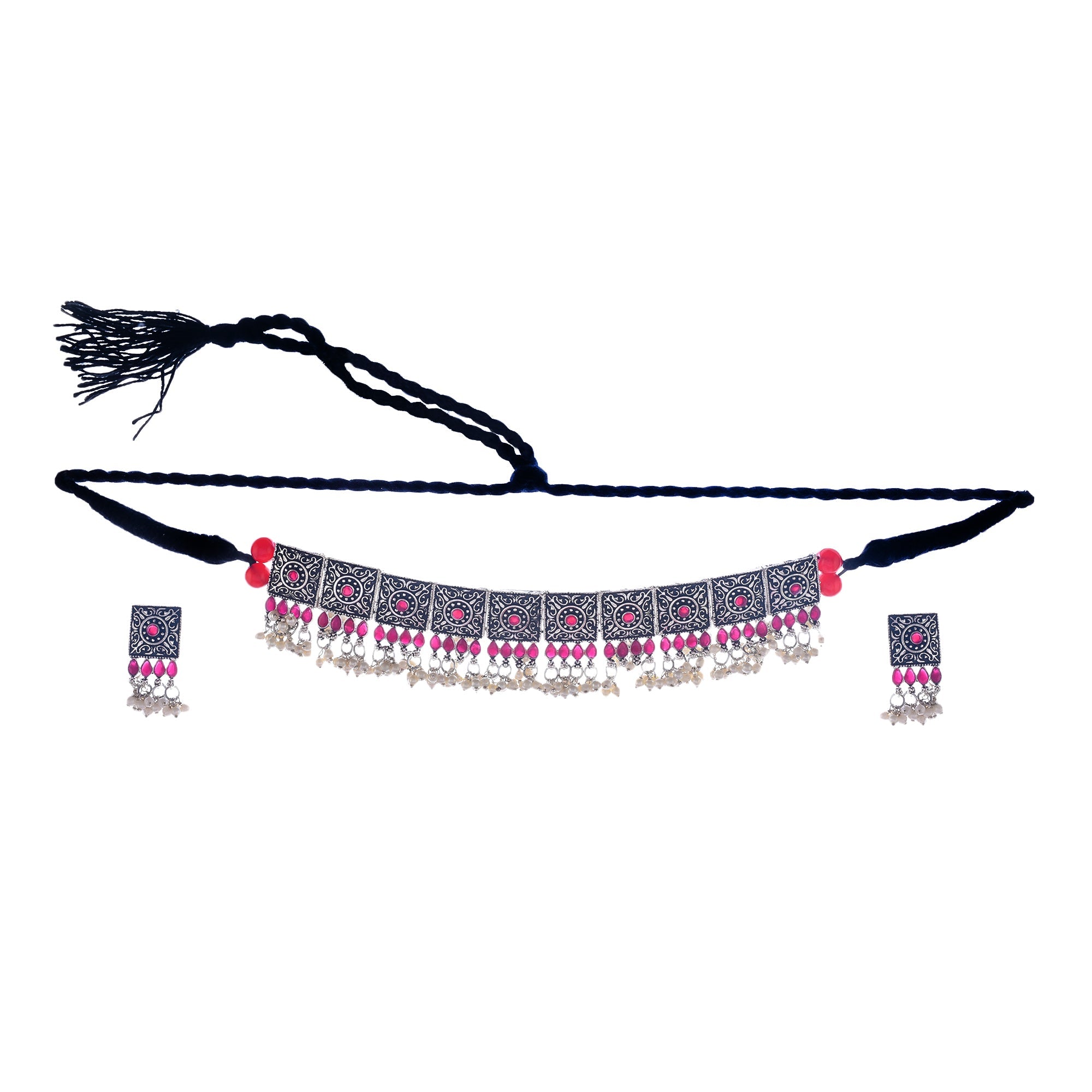 Rhodium-Plated Alloy Classy Ruby Stone Oxidised Choker Necklace - The Pari