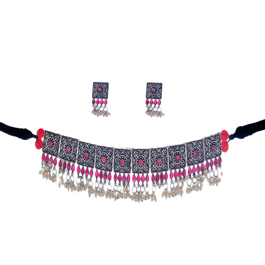 Rhodium-Plated Alloy Classy Ruby Stone Oxidised Choker Necklace - The Pari