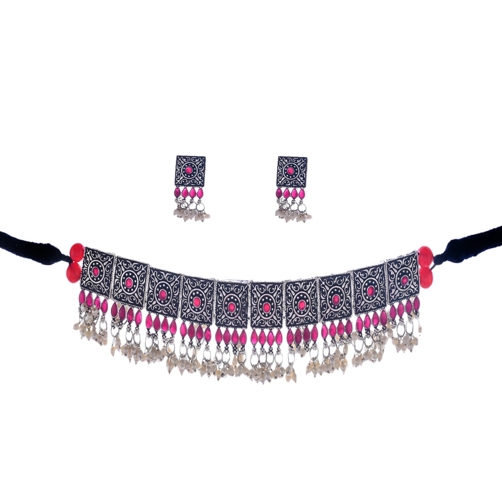 Rhodium-Plated Alloy Classy Ruby Stone Oxidised Choker Necklace - The Pari