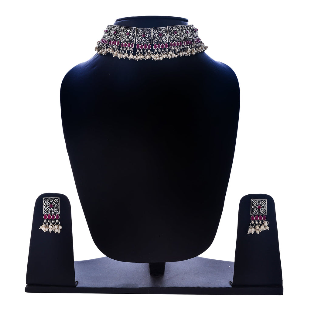Rhodium-Plated Alloy Classy Ruby Stone Oxidised Choker Necklace - The Pari
