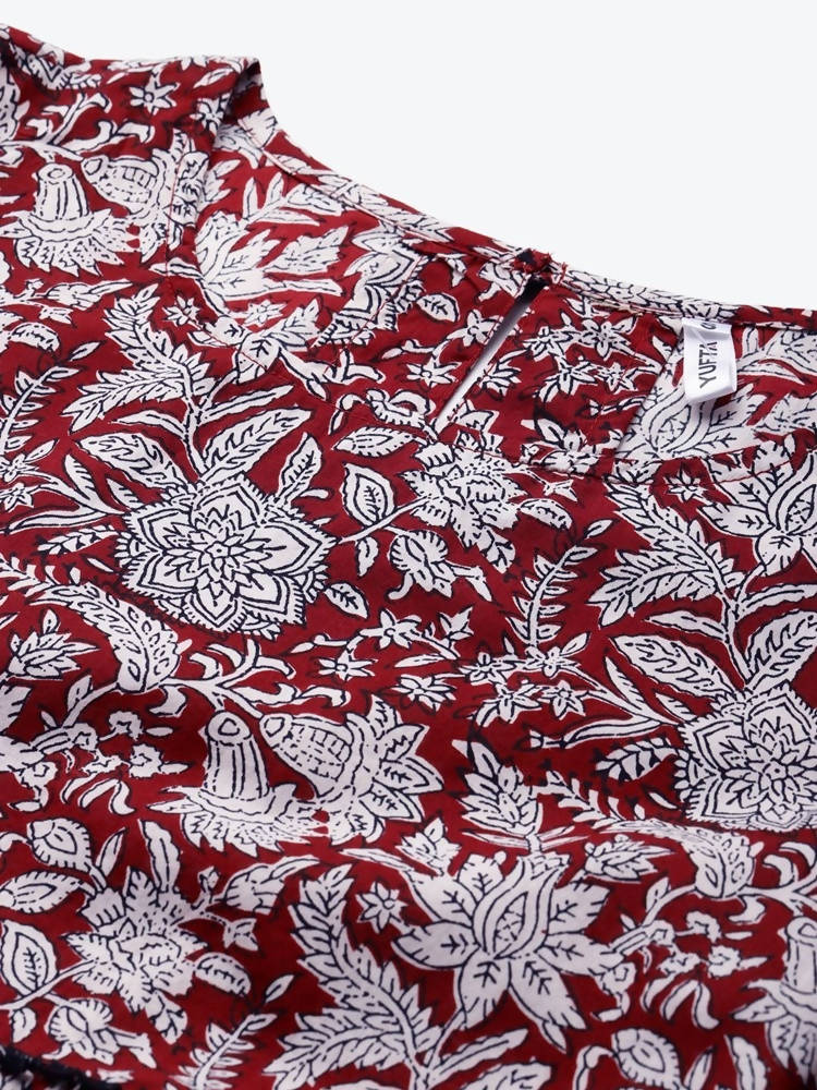 Yufta Women Red & White Bell Sleeve Layered Handblock Ethnic Motifs Print Regular Top