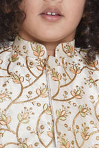 Little Bansi Banarsi Silk Floral Embroidery Jacket With Cotton Kantha kurta And Kantha Dhoti - Cream