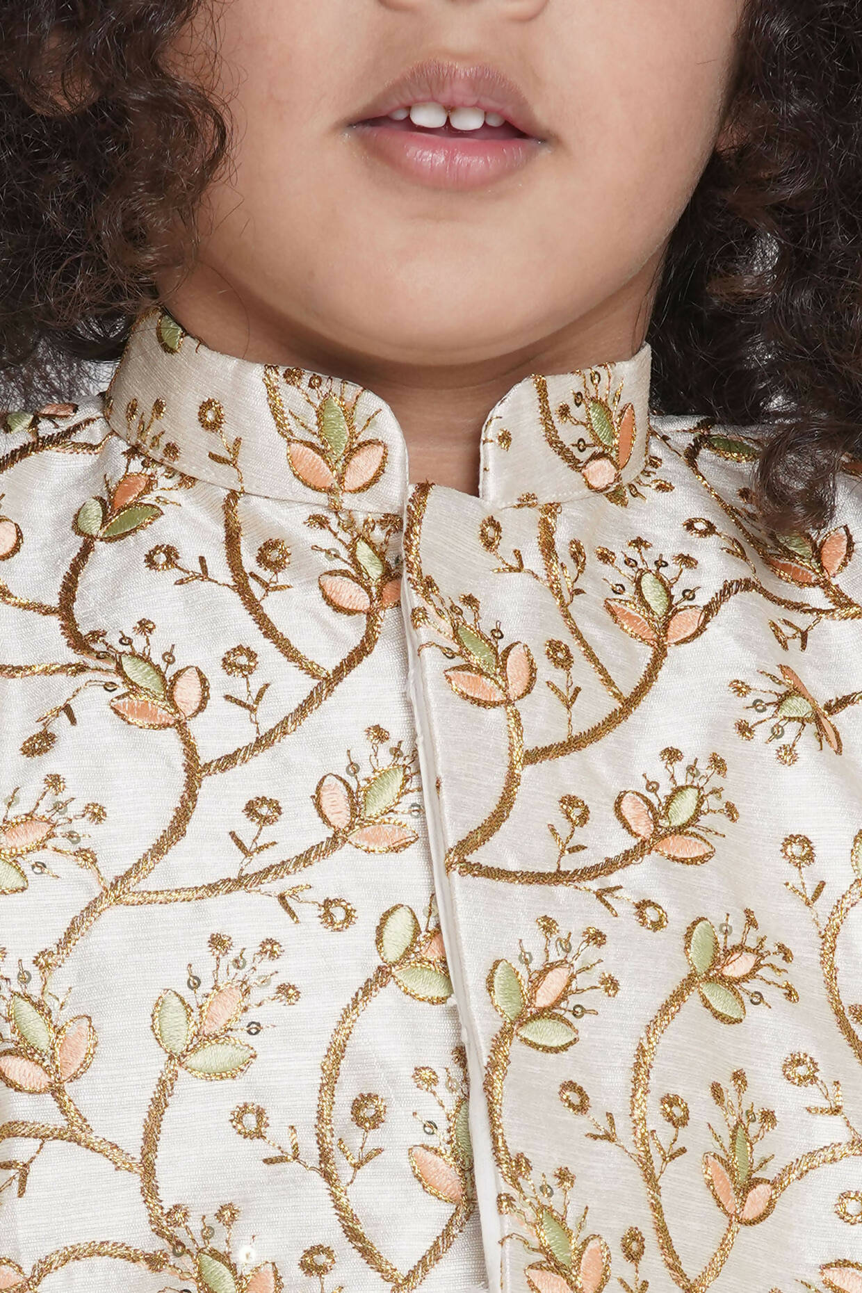 Little Bansi Banarsi Silk Floral Embroidery Jacket With Cotton Kantha kurta And Kantha Dhoti - Cream