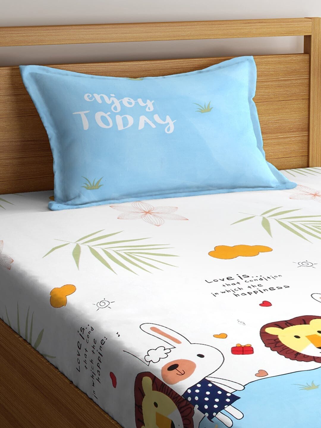 Home Sizzler White & Blue Cartoon Characters 210 TC Single Bedsheet with 1 Pillow Covers - Distacart