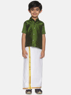 Sethukrishna Boys Olive Green & White Shirt And Veshti Set