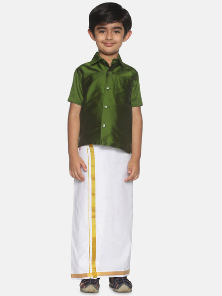 Sethukrishna Boys Olive Green & White Shirt And Veshti Set
