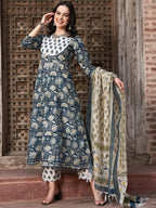 Sangria Navy Blue Floral Printed Pure Cotton Anarkali Kurta With Trouser & Dupatta