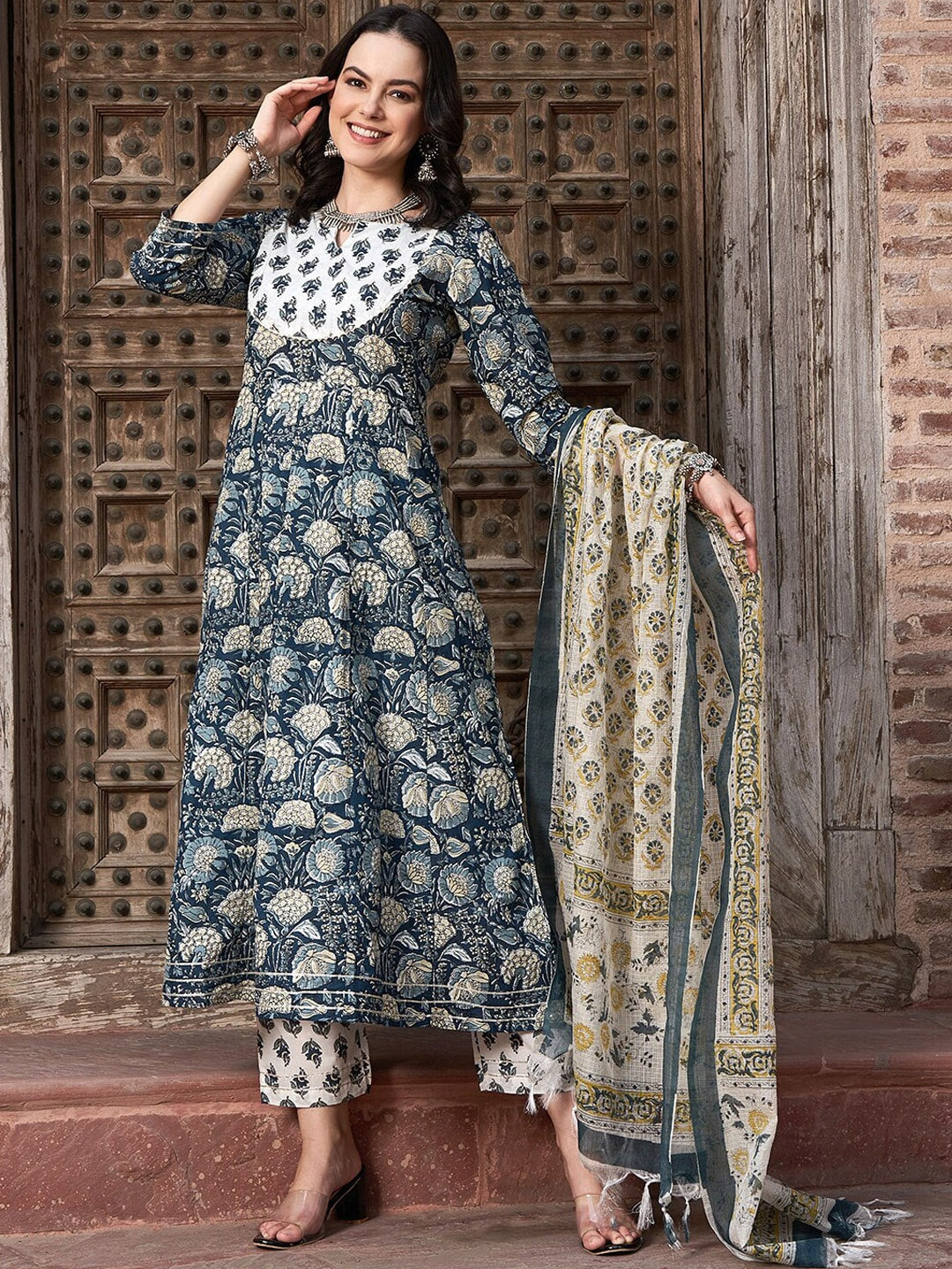 Sangria Navy Blue Floral Printed Pure Cotton Anarkali Kurta With Trouser & Dupatta