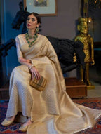 DEIANA'S Beautiful Designer Golden zari Soft Lichi Silk Saree - White