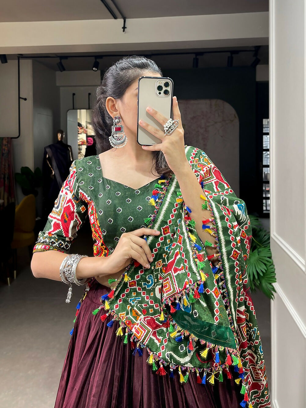Vastranavya Traditional Patola Print With Gamthi & Mirror Work Lehenga Choli - Brown